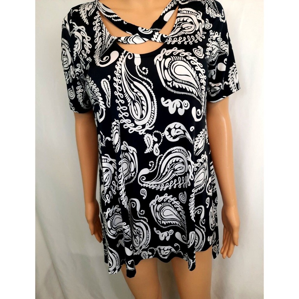 ZigZag Stripe Black White Paisley Print Short Sleeve Tunic Top Sz S